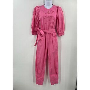 Happy X Nature US 2 Pink Linen Cotton Jumpsuit Puff Sleeve Eyelet‎ Embroidery